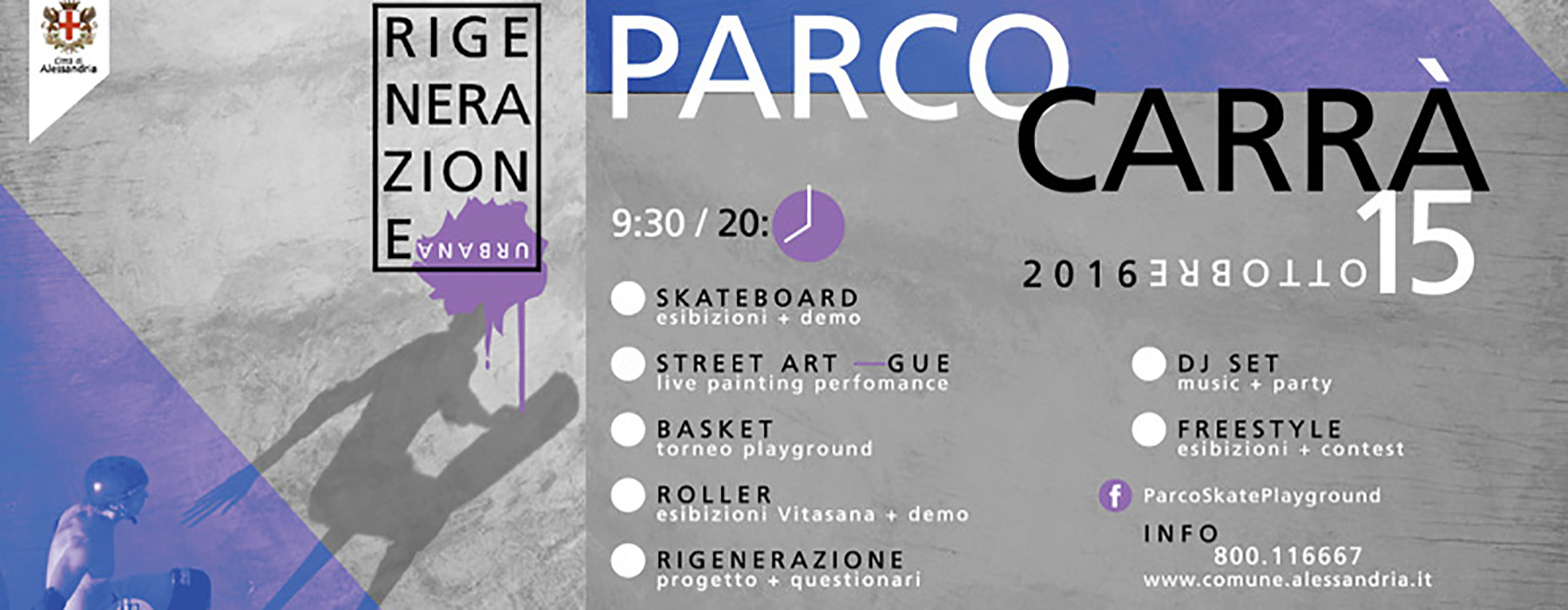 Locandina dell'evento al Parco Carrà con foto di uno skater e le attività disponibili