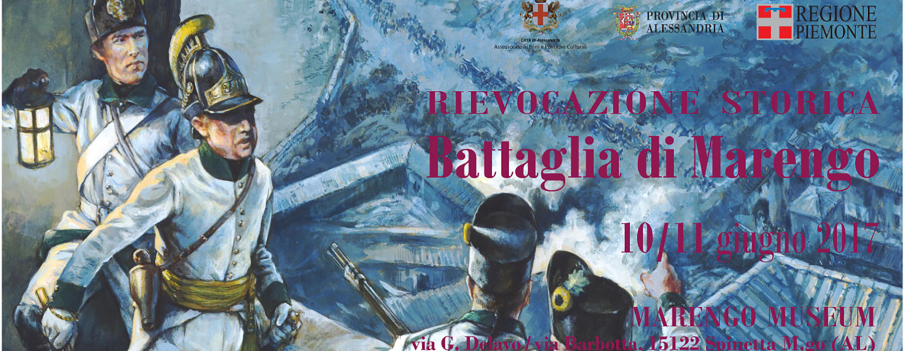 Manifesto della rievocazione con dipinto che contiene militari in uniformi del 1800