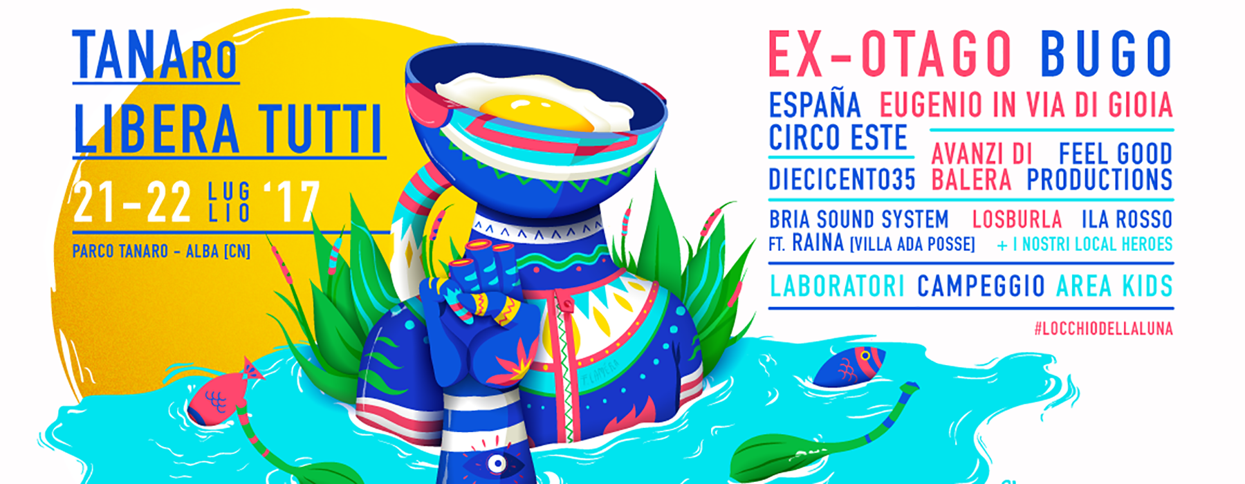 Locandina dell'evento con disegno astratto, data e luogo di Tanaro Libera Tutti e un elenco degli artisti che parteciperanno